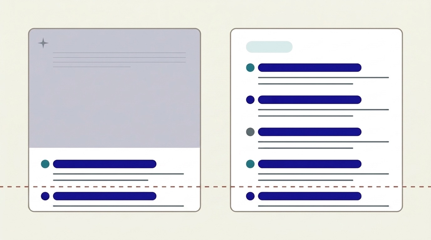 Flat illustration of the same search results page twice: on the left an AI answer panel fills the screen above two results; on the right the panel is gone, a small pill sits in its place and four results fit above the dashed fold line.