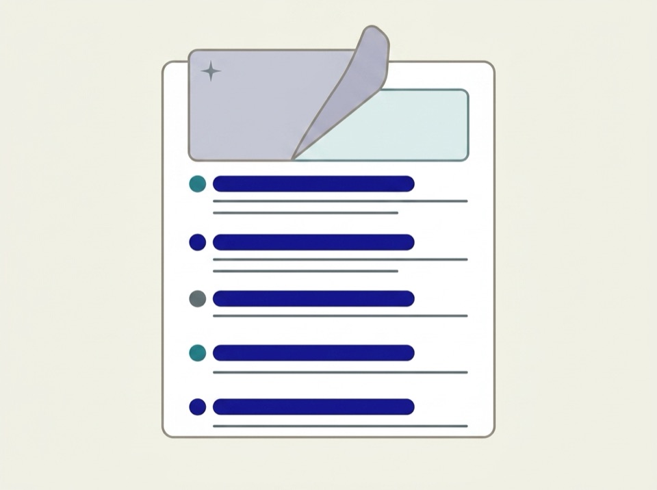 Flat illustration of an AI answer panel peeling off a search results page like a sticker, leaving the list of blue links underneath.